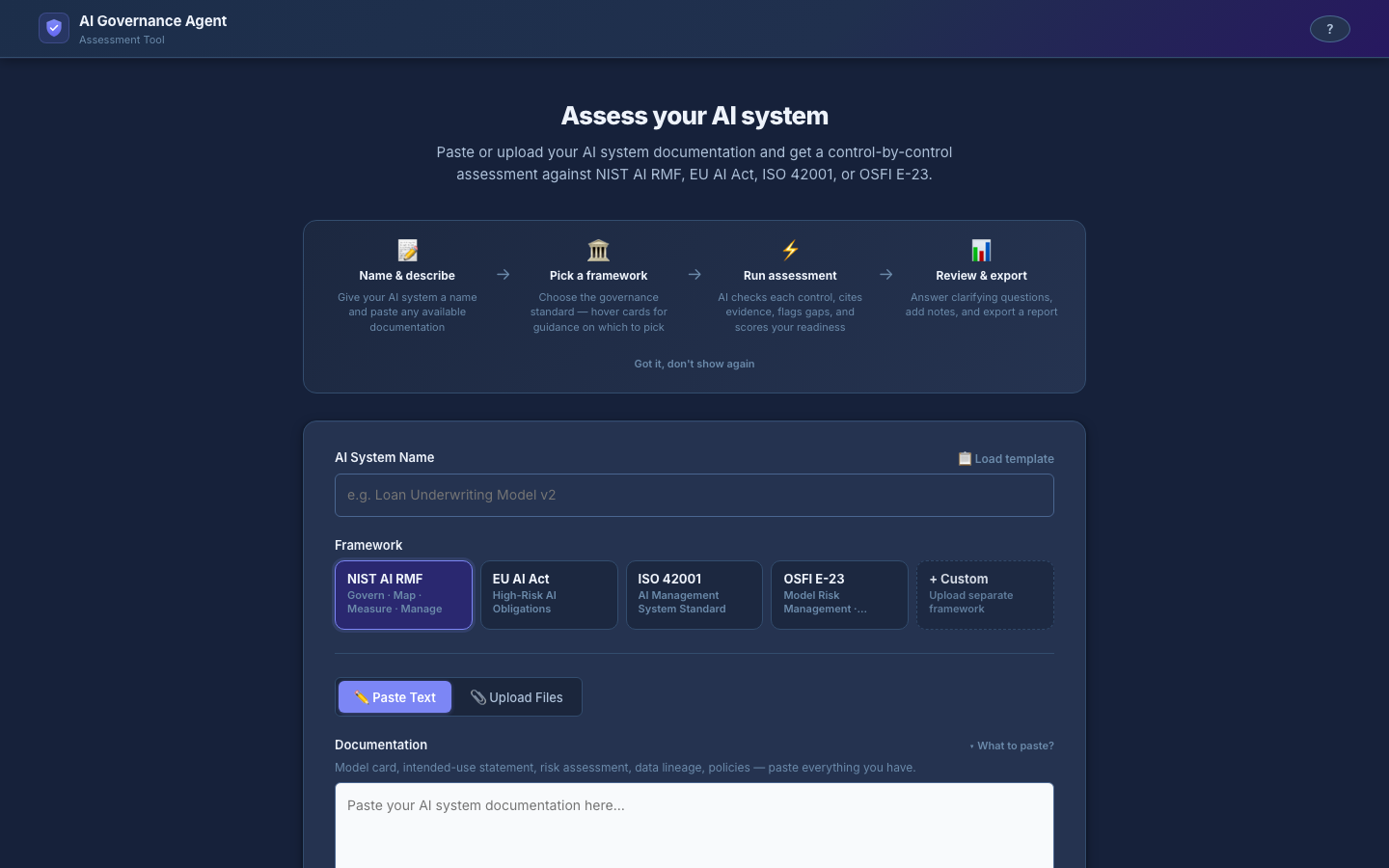AI Governance Assessment Agent screenshot